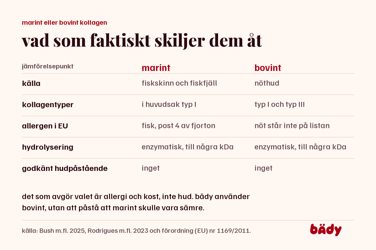 tvåkolumnsjämförelse av marint och bovint kollagen på källa, kollagentyper, allergen och hydrolysering