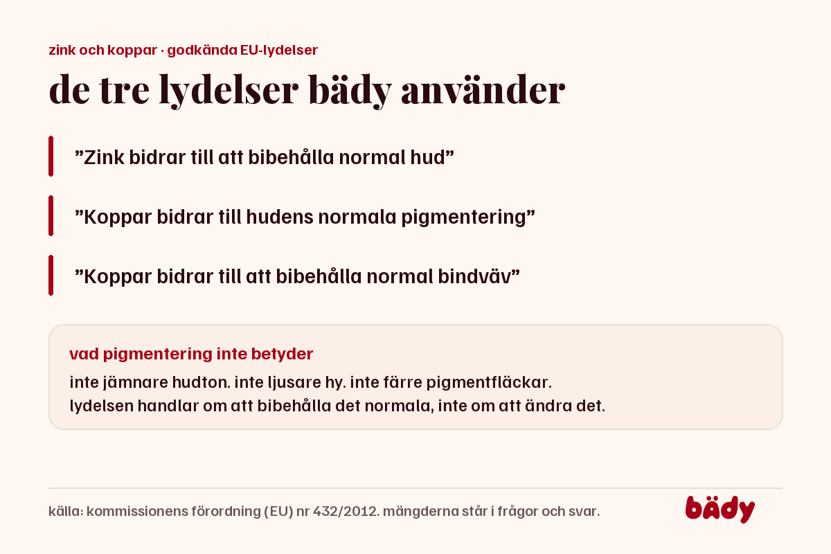 de tre godkända EU-lydelserna för zink och koppar, med en ruta om vad pigmentering inte betyder